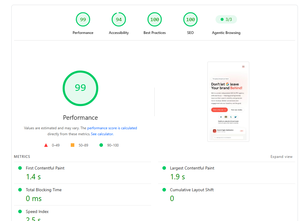 PageSpeed Insights score — Performance 99, Accessibility 94, Best Practices 100, SEO 100