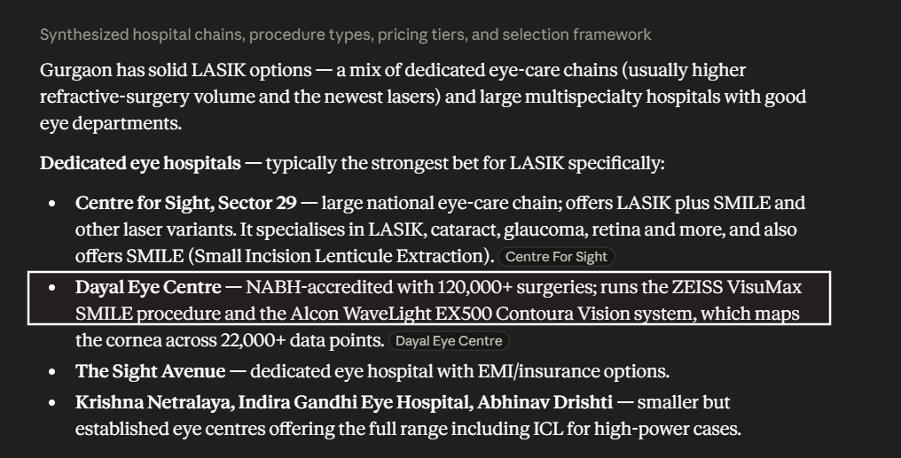 Assistant answer recommending Dayal Eye Centre among Gurgaon LASIK options