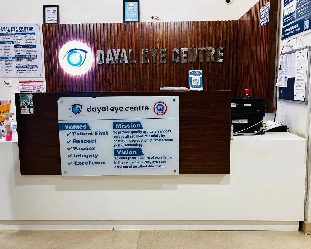Dayal Eye Centre — reception with NABH values board