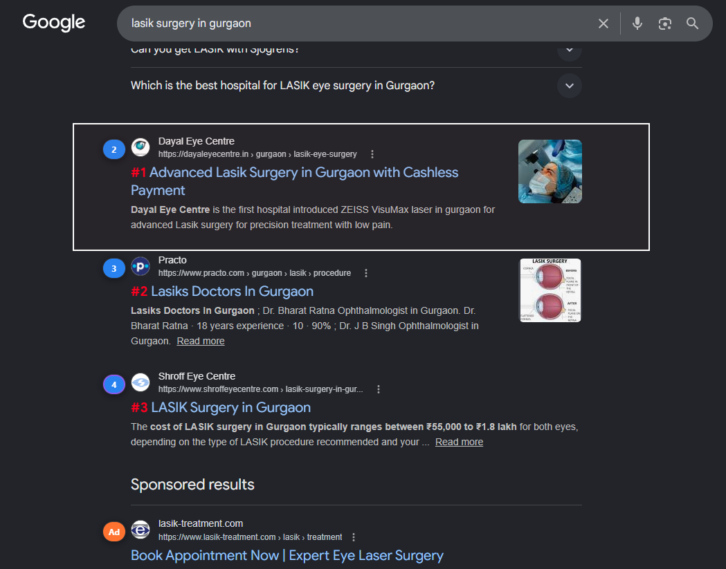 Google results for lasik surgery in gurgaon — Dayal Eye Centre first