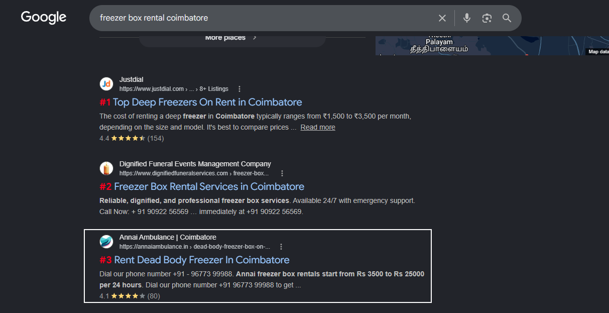 Google results for freezer box rental coimbatore — Annai Ambulance at #3