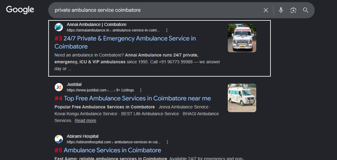 Google results for private ambulance service coimbatore — Annai Ambulance at #3