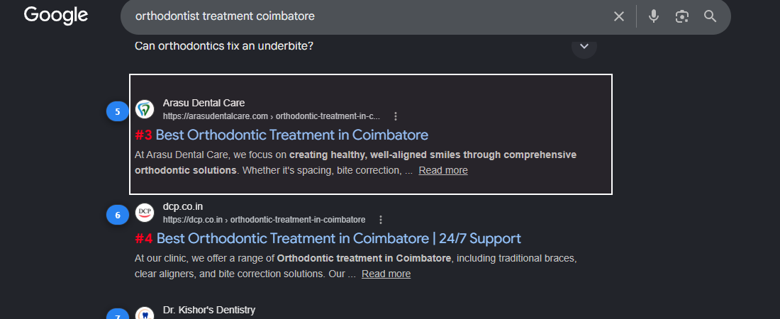 Google results for orthodontist treatment coimbatore — Arasu Dental Care at #3