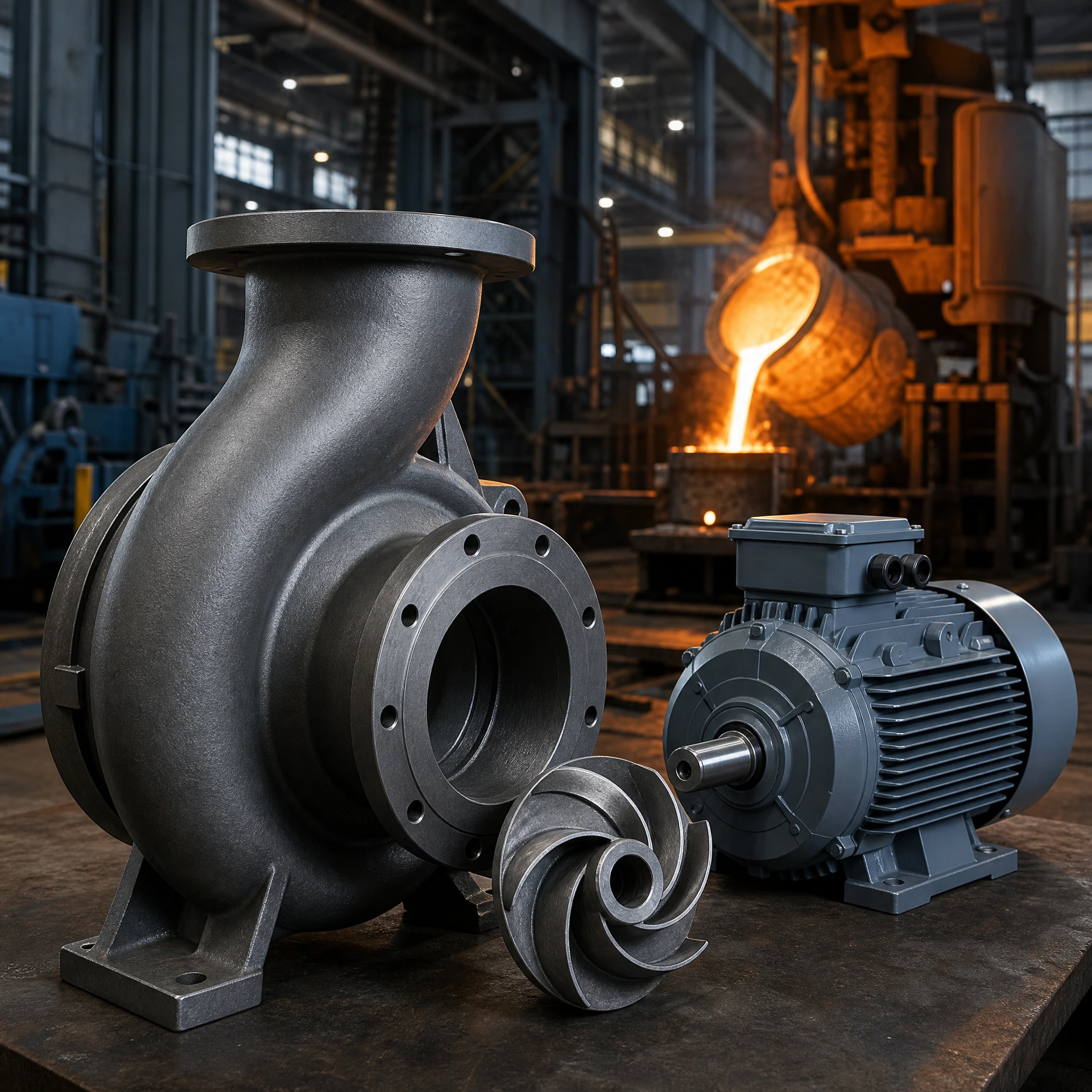 Pump casting and motor on a foundry floor