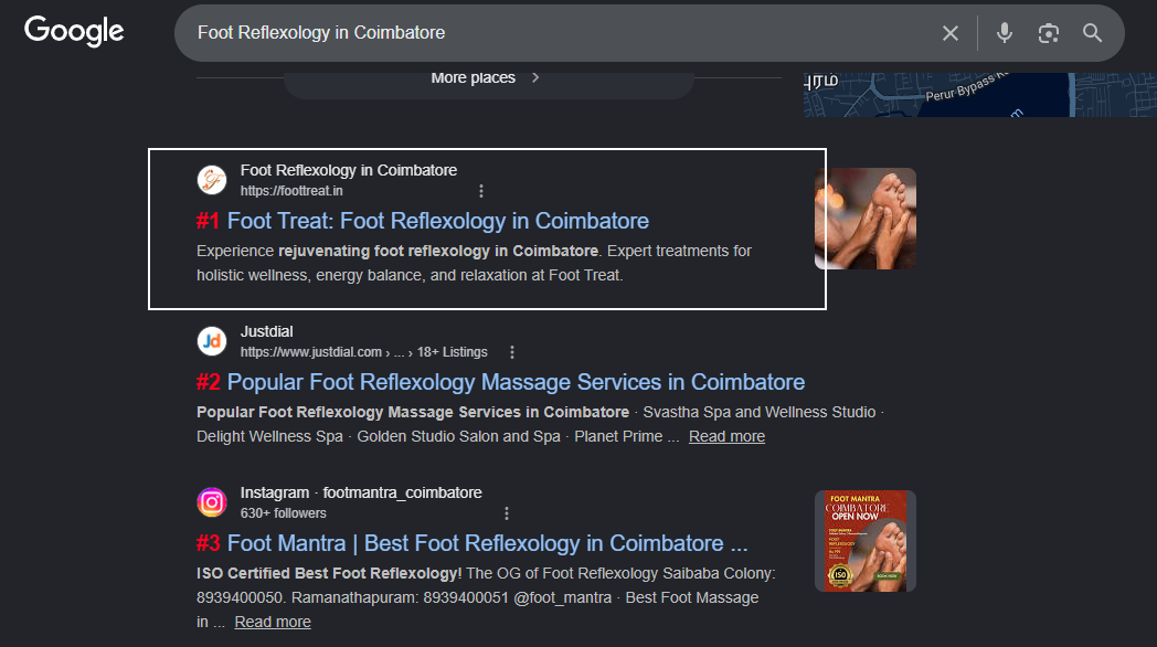 Google results for Foot Reflexology in Coimbatore — Foot Treat at #1