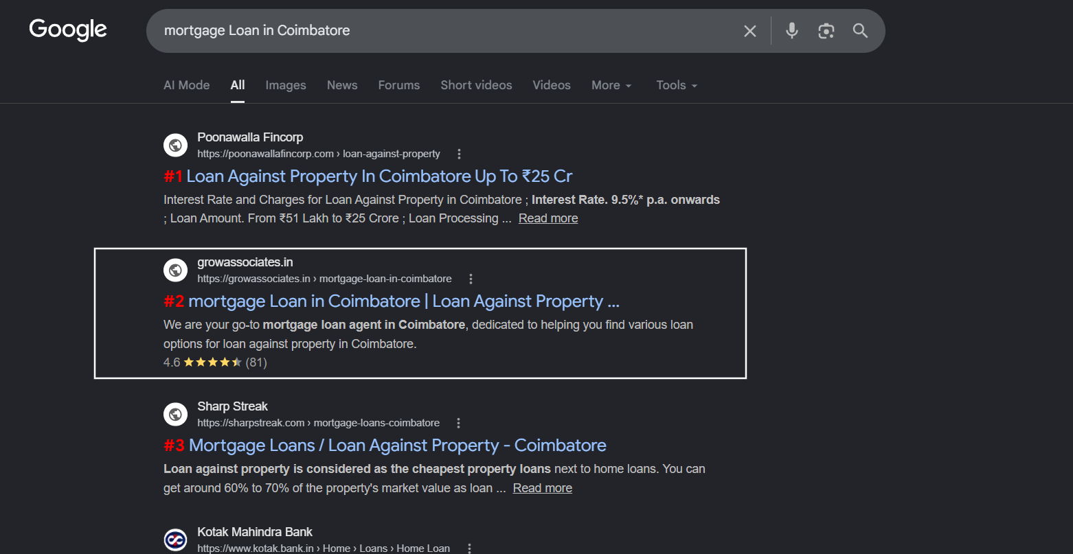 Google results for mortgage loan in coimbatore — Grow Associates at #2
