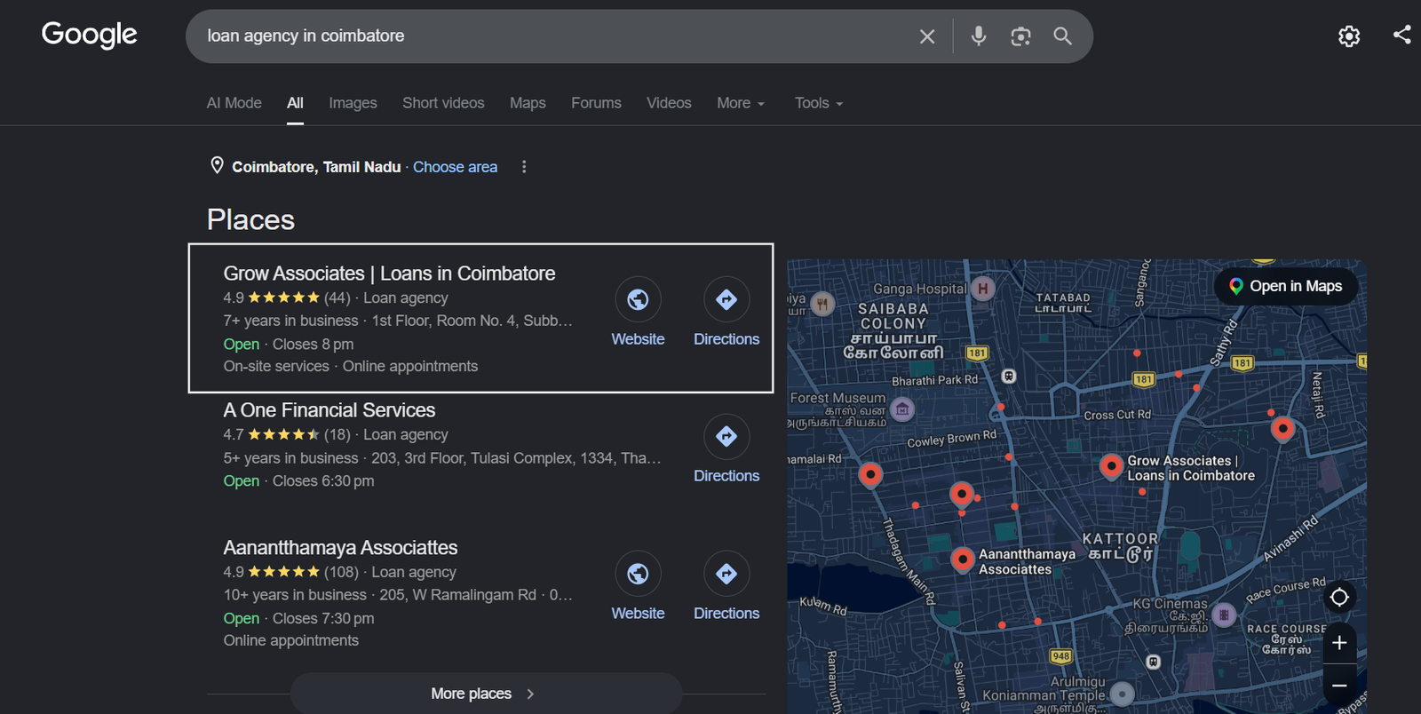 Google local pack for loan agency in coimbatore — Grow Associates first